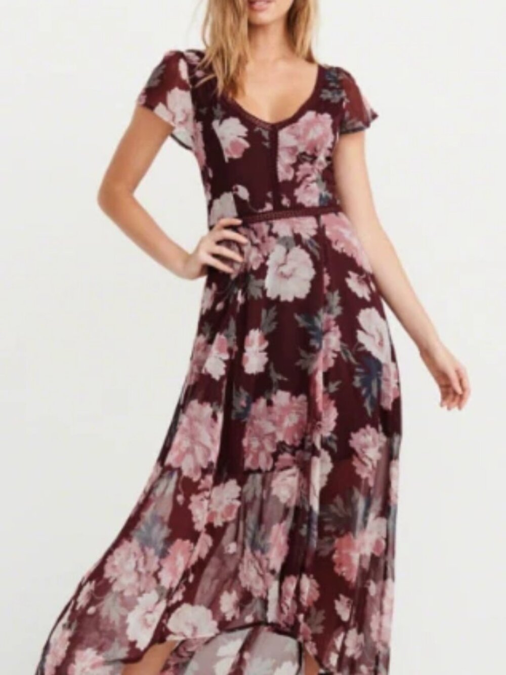 Abercrombie Womens Floral Maxi Dress Size S Burgundy Lace